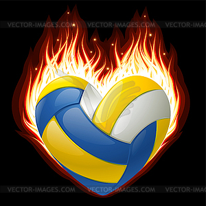 Volleyball on fire in the shape of heart - vector clipart