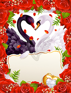 Greeting card with swans in love - vector clip art