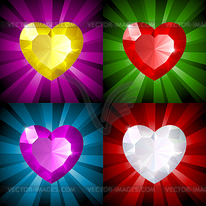 Sparkling background with jewel heart in four colors - vector image