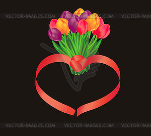 Tulip bouquet with heart - vector image