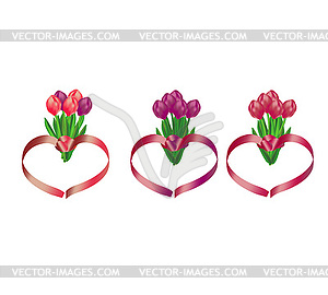 Tulip bouquets with heart shaped ribbons - royalty-free vector image