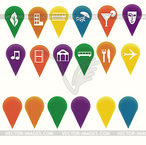 Map markers with travel/entertainment symbols - royalty-free vector image