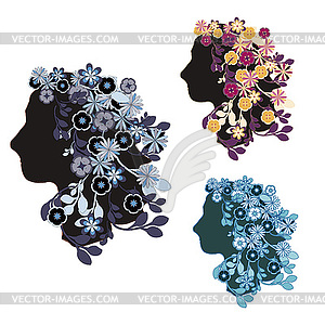 Retro decorative women profiles with flowers - vector image