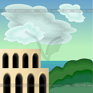 Landscape with antique building and clouds - vector image
