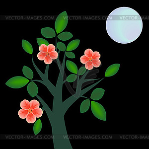 Branch with flowers at night - vector clip art