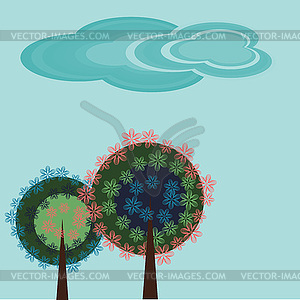 Декоративный фон с деревьями и облаками - изображение в векторном виде