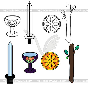 Tarot suit symbols - silhouette and colored - vector image