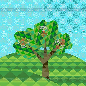 Geometric landscape with tree and hills - vector clipart