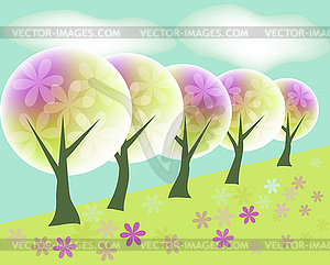 Landscape background with abstract trees and flowers - vector clip art