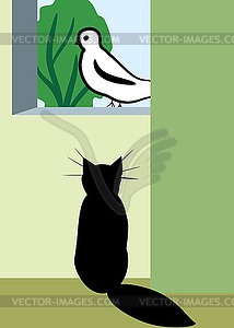 Cat and bird in the window illustration - vector clipart