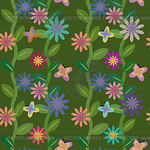 Бесшовные поле цветения с бабочками - стоковое векторное изображение