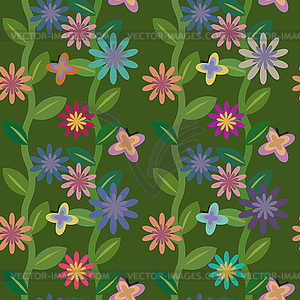 Seamless flowering field with butterflies - vector image