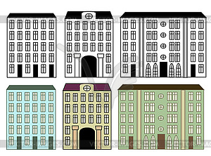 City buildings set colored and silhouettes - color vector clipart