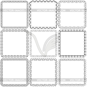 Set. Nine square ornamental frames. Black on white - vector image