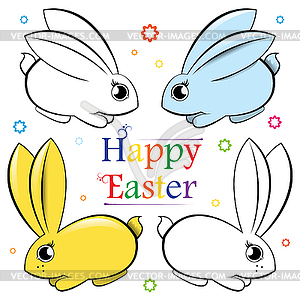 Easter. Vector set of rabbits. Contour and painted - vector clipart