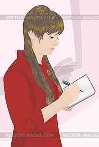Girl in red blouse wrote pen in notebook - vector image