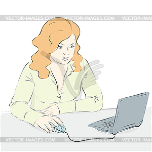 Young woman uses laptop - vector clipart