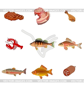 Set of fishes and meat - vector image