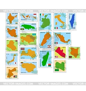 Set of stamps with different countries - vector clipart