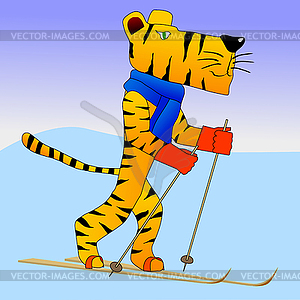 Tiger on ski - vector clip art