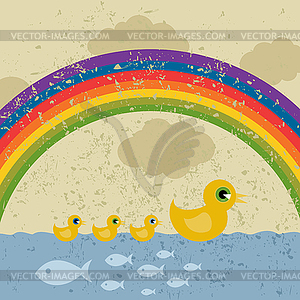 Ducks under rainbow - vector image