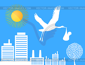 Stork over city - vector clipart