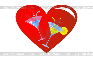 Red heart and on it two glasses with drinks - royalty-free vector clipart