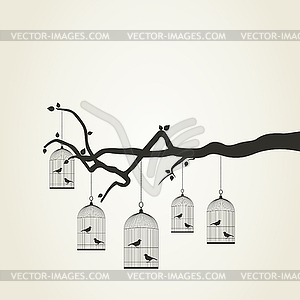 Birdies in cage - vector image