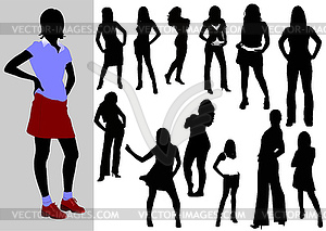 Женщины в действие силуэты. - иллюстрация в векторном формате