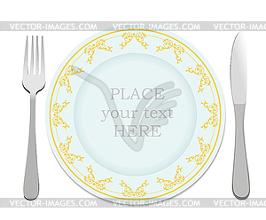 Silver fork, knife and plate. - vector image