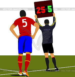 Football player waiting out on field and referee - vector image