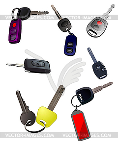 Big collection of ignition car keys with remote control - vector clipart