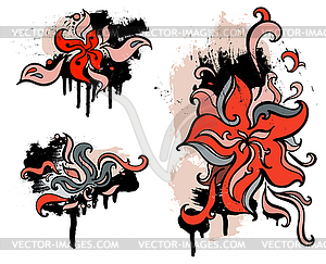 Red flowers. Set grunge design element - royalty-free vector clipart