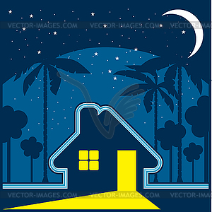 Дом на ночь в окружении звезд и луны - векторное изображение клипарта