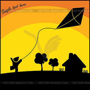 Boy with kite flying in the countryside - vector clip art