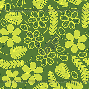 Decorative green leaves and flowers on green background  - vector image