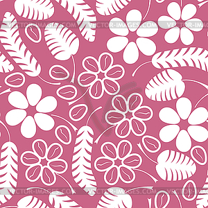 Decorative white leaves and flowers on pink background - vector image