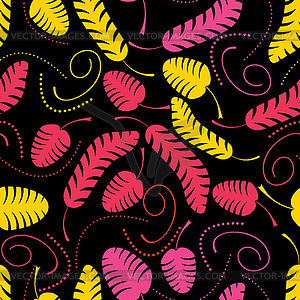 Decorative colorful leaves on black background - seamles - vector clipart