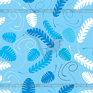 Decorative white and blue leaves - seamless pattern - vector clip art