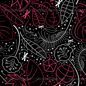 Decorative leaves on black background - seamless pattern - vector image