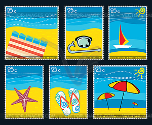 Six Summer postage stamps - stock vector clipart