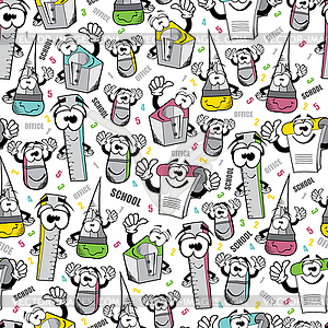 Funny cartoon school objects - seamless pattern - vector clip art