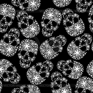 Weiße florale Totenköpfe auf schwarzem Hintergrund - Vektor-Clipart / Vektor-Bild