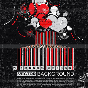 Grunge barcode with hearts - vector image