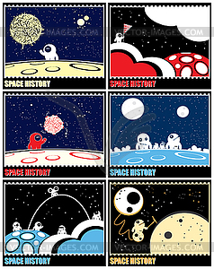 Set of six funny monsters scene in space - vector clip art