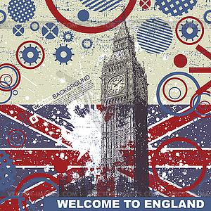 Grunge postcard with England flag and Big Ben - stock vector clipart