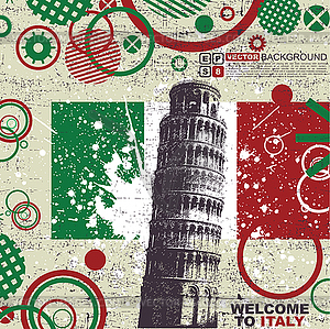 Grunge postcard with Italy flag and Tower of Pisa - vector image