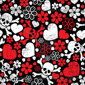 Red skulls in flowers and hearts - seamless pattern - stock vector clipart