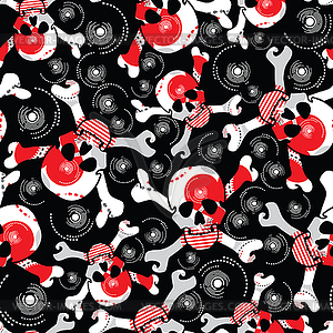 Skulls on black background - seamless pattern - vector image