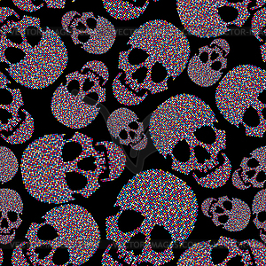 Colorful skulls on black background - seamless pattern - vector image